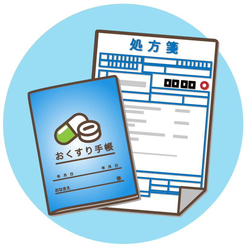 処方されているお薬、またはおくすり手帳